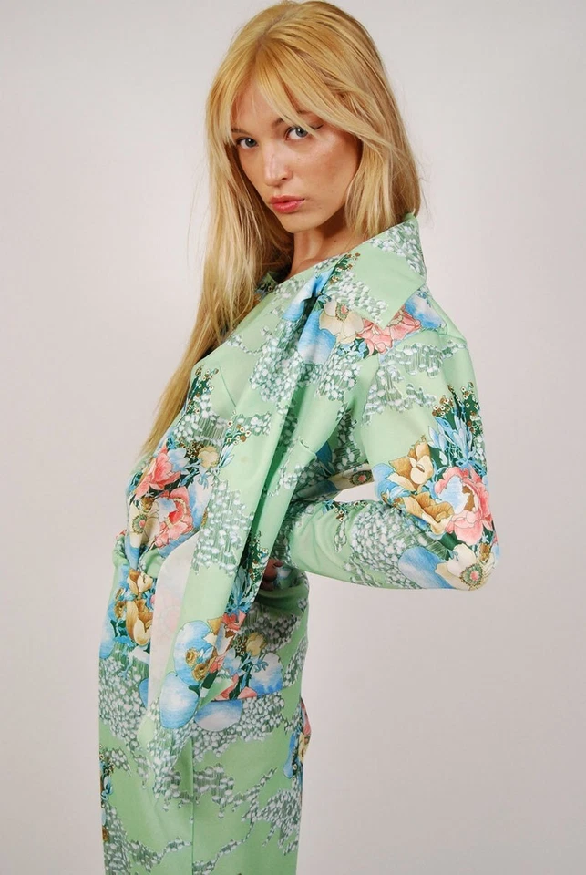 Conjunto de 3 piezas (M) pantalones florales verdes vintage años 60 camiseta sin mangas mediano pastel palazzo Foto 4 de 4