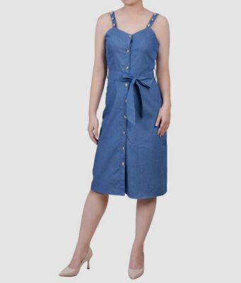 NY Collection Womens Blue Chambray Sweetheart Self-Tie Dress Petite Size PL