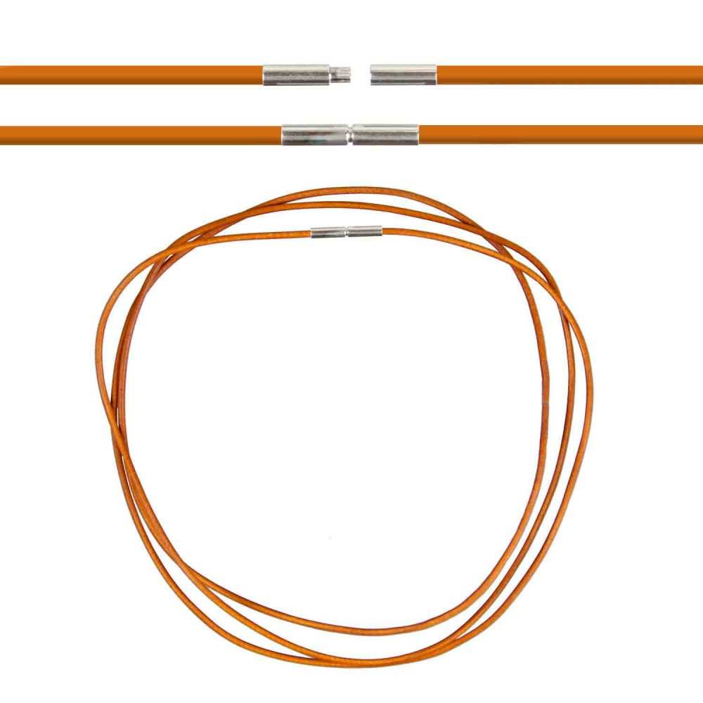 Fermoir baïonnette sur cordon cuir de chevreau orange pour pendentif 54 cm