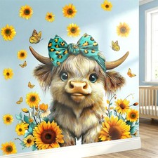Highland Cow Wall Decals Peel and Stick for Girls Room - Cute Cow Sunflowers ...