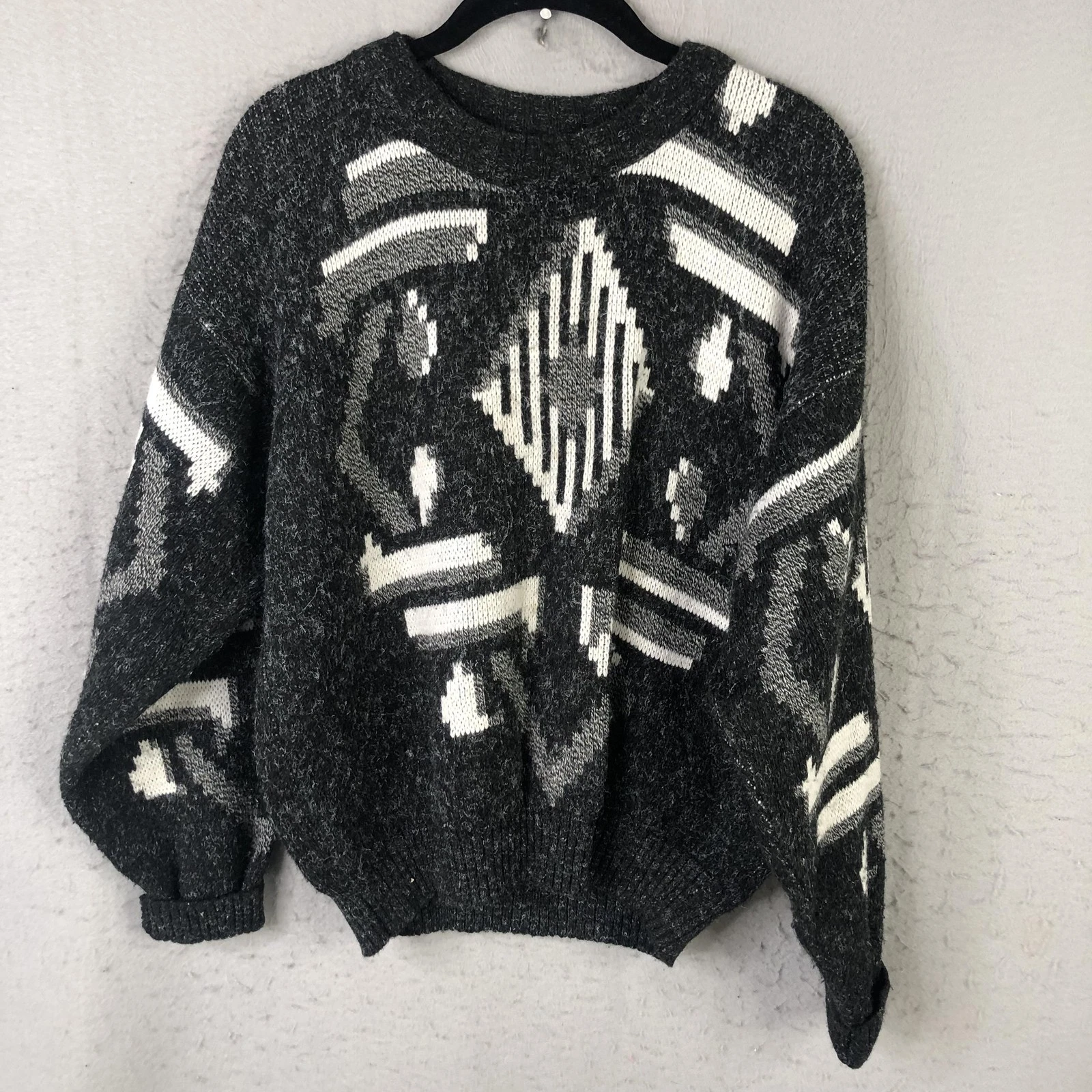 Vintage Sequel Ltd Sweater Mens Medium Gray Aztec Knit Pullover Made USA 90s