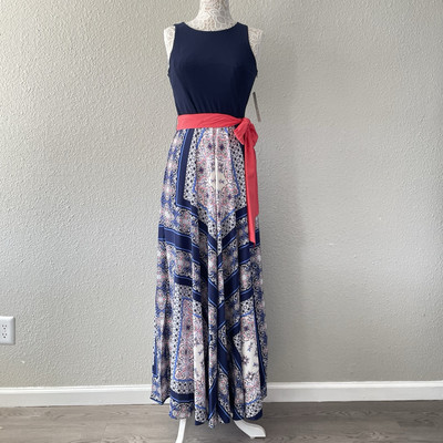 Elisa J. Maxi Resort Flowy Dress Boho Cruisewear Navy Bandana Keyhole Back  Sz 6 | eBay