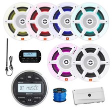 JBL Marine Gauge BT Radio w/Remote, 6x 8" LED White Speaker, Amp, Antenna, Wire