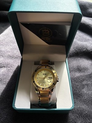 BIBI Luxury Watch Quartz Analog Two-Tone SS Bracelet Gold Dial Date Box