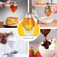 Hunnibi 8Oz No Drip Glass Honey Dispenser with Stand - Honeycomb-Style Syrup Ser