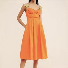 Farm Rio Size M Solid Orange Corset Fruit Leaves Cotton Maxi Dress Anthropologie