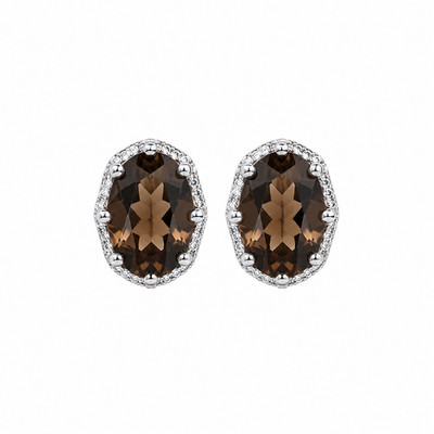 Natural 5x7mm Smoky Quartz Halo Stud Earrings 925 Sterling Silver CZ Oval