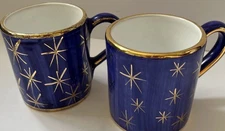 Sberna Deruta Signed Hand Painted Atomic Stars Blue Coffee Mugs from Italy Set 2