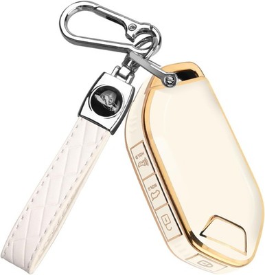 Key fob Cover, Soft TPU 360° Car Key Case Protector w Color: Gold Edge - White