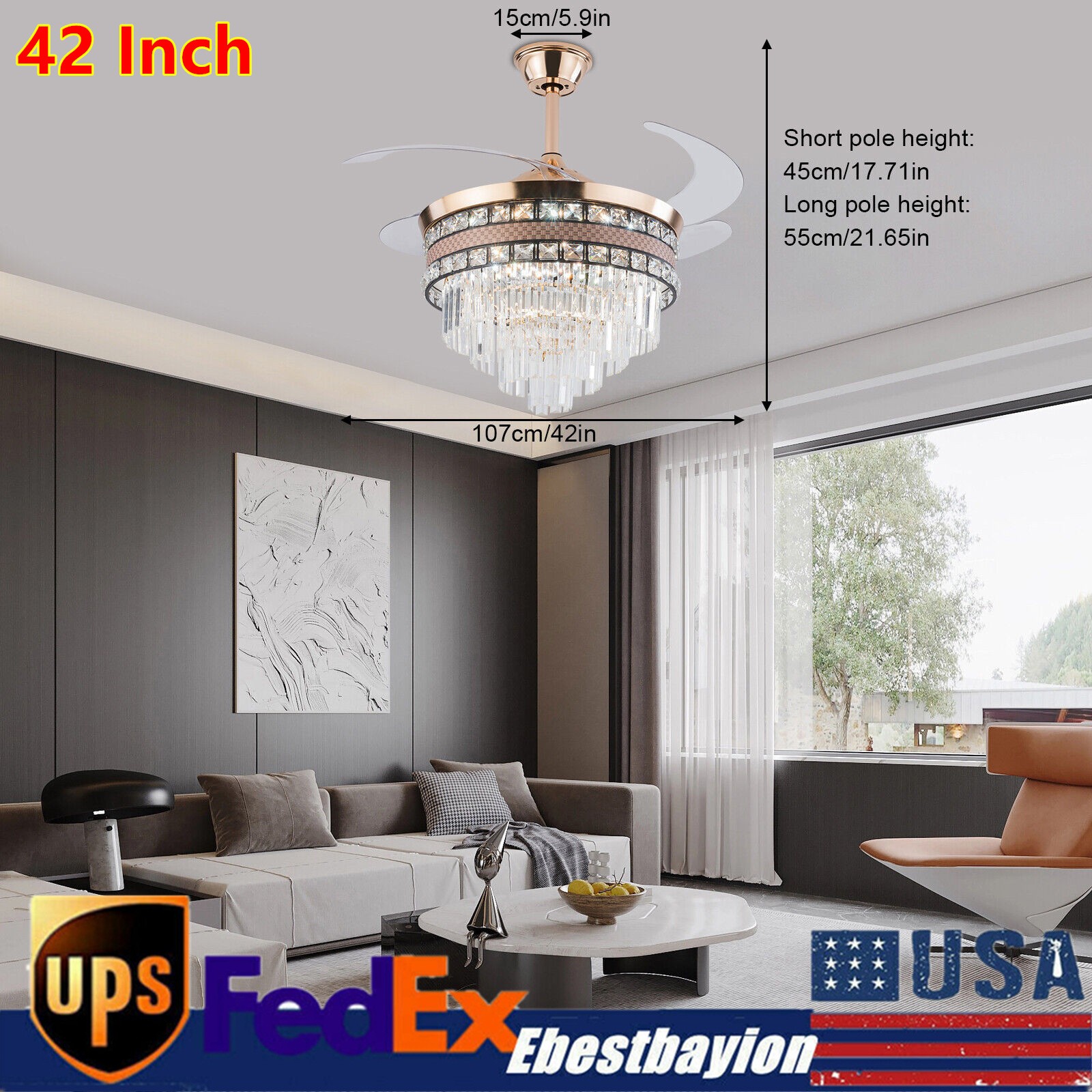 42 Inch LED Ceiling Fan Chandelier with Remote Control Modern Hanging Light Fixture