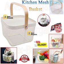 Metal Wire Mesh Fruit Basket Bin Wooden Handle Kitchen Storage Organizer -Almond