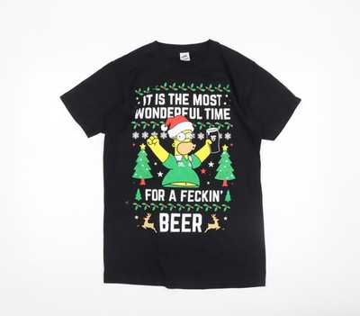 Fruit of the Loom Herren T-Shirt schwarz Weihnachten Homer Simpson Bier Gr. S