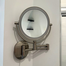 Wall Mounted Round LED Lighted Makeup Mirror, Metal Brushed Nickel Silver