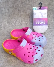 CROCS CLASSIC Pink Purple Yellow Clogs + FREE 3 Pair Crocs Socks, Kid's C 12