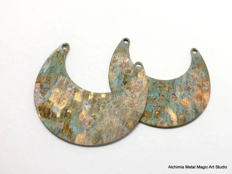 12ps Латунная луна подвеска серьги соединитель плоский пустой органический синий коричневый патина 448 - Изображение 4 из 4