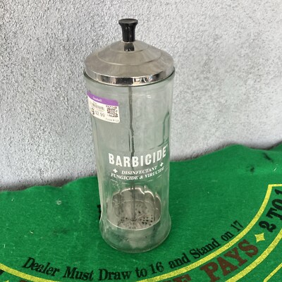 8'' BARBICIDE King Research DISINFECTING JAR 11 oz Tall Blue Rubber Base Ring vtg