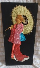 HANDMADE JAPANESE GEISHA ART FABRIC STRAW WOMEN UMBRELLA VTG