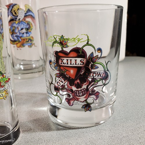 Lot of 7 Don Ed Hardy Tumblers Scotch Drink Shot Glass Tattoo Koi Skulls Geisha - Picture 4 of 17