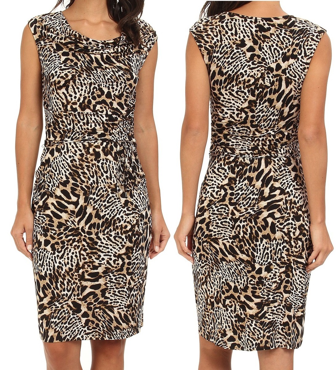 Calvin Klein M4FD6828 Beige Animal Cowl Neck Belted Stretch Jersey Dress  $99.50