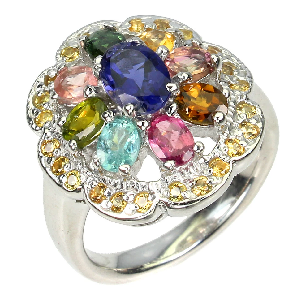 Anillo de plata de ley 925 ovalado zafiro iolita turmalina piedras preciosas joyería talla 7 Foto 2 de 4