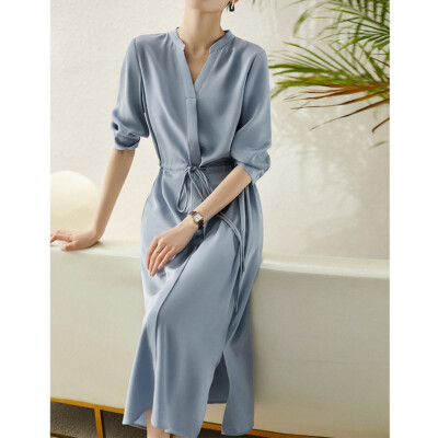 Mulberry Shirt Dress Silk Blue Dress 2025 Womens Mid Long Length Long Silk Dress