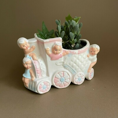 Vintage ARDCO Baby Nursery Ceramic Planter   Pink & Blue Train for Boy or Girl