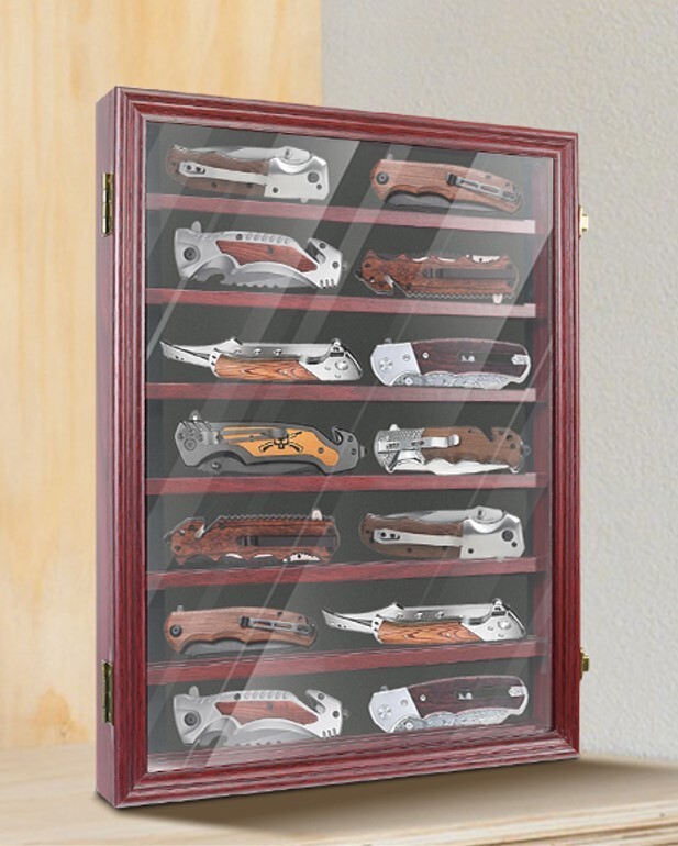Knife Display Case 14+ Wood Mahogany Pocket Knives Holder Wall Rack Shadow  Box | eBay, image size:617x770