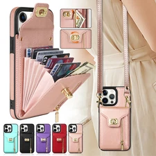 Fr iPhone 16 15 Pro Max 14 13 12 Leather Wallet Cards Case Crossbody Strap Cover