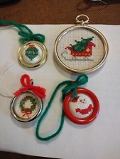 Vintage Needlepoint Christmas Ornaments Round Framed Handmade Set Of 4