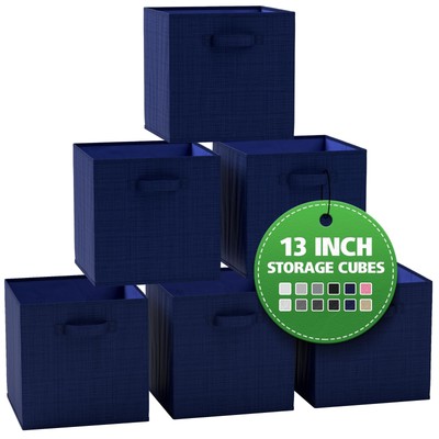 13x13 Inch Cube Storage Baskets Textured Navy Set of 6 Sturdy Fabric