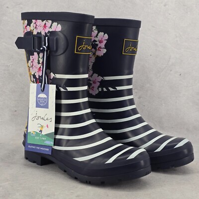 Bottes De Pluie Joules Molly Welly - Mi-mollet, Rayures Florales, US 6 / UK 4 (Neuves, Sans Boîte)