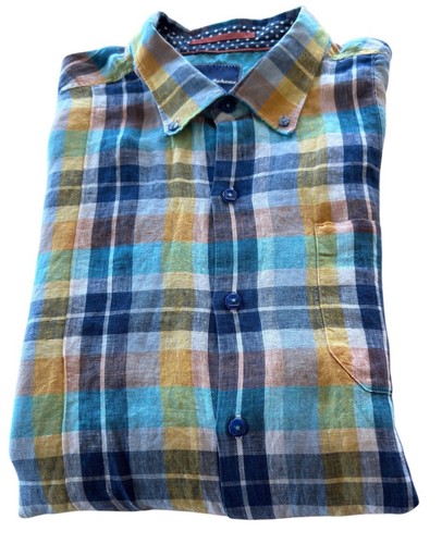Camisa Tommy Bahama 100 % lino para hombre talla L audaz multicolor a cuadros manga larga - Imagen 7 de 9