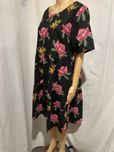 PRINCESS HIGHWAY SIZE 12 BLACK NATIVE FLORAL TIERED LINEN COTTON DRESS - Picture 4 of 8