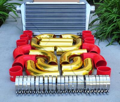 12 pcs 3'' Polished Intercooler + Gold Piping + Red Silicone Coupler + Clamp Kit