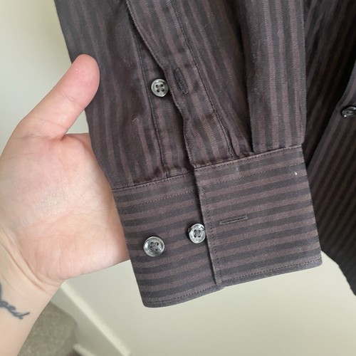 Camisa Perry Ellis Manga Larga Con Botones Dos Tonos Marrón Rayas Camisa Grande - Imagen 5 de 12