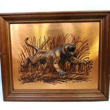 John Louw Wall Art Framed Copper Raised Relief 3-D Tiger In Action Sculpture 