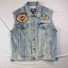 Harley Davidson Denim Vest Mens Medium Distressed Embroidered Patches Back Hit