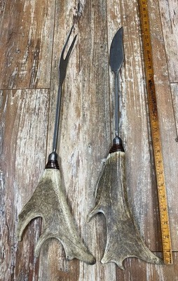 Vintage El Chaja Argentina Gaucho Grilling Meat Knife + Fork Caribou Antler 24 