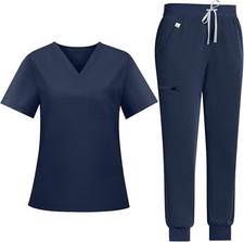 Nurse Medical Uniform Scrub Set Women V-Neck Top Jogger Pant Hospital Dark Blue