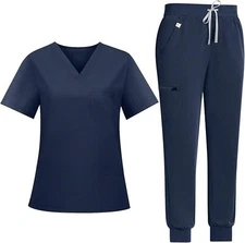 Nurse Medical Uniform Scrub Set Women V-Neck Top&Jogger Pant Hospital Dark Blue