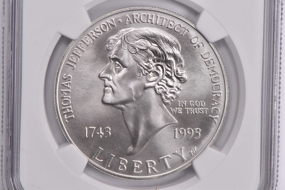 MS70 1993-P Jefferson Commem. Silver Dollar Coin & Currency NGC Face Lbl *0252 - Image 3 of 4