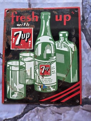 VINTAGE 7UP SODA PORCELAIN SIGN, 'FRESH UP WITH 7 UP'  12''x8.5''