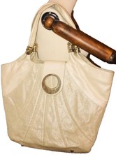 Versace Women's Mesh Gold Beige Leather, Strap with Gold Rings Tote Bag Handbag