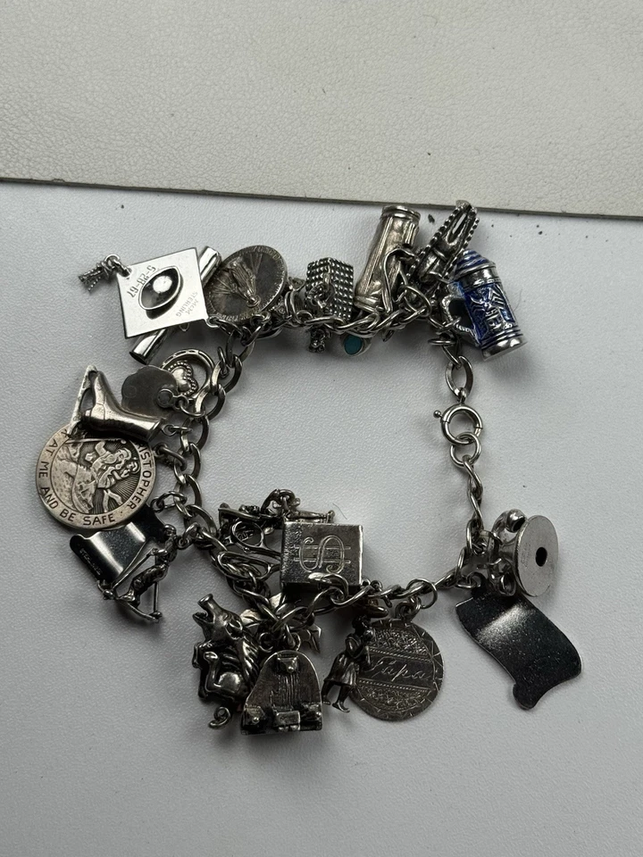 Vintage Sterling Silver Charm Bracelet 7.5" 25 Charms Travel Religious Phone - Image 3 of 4