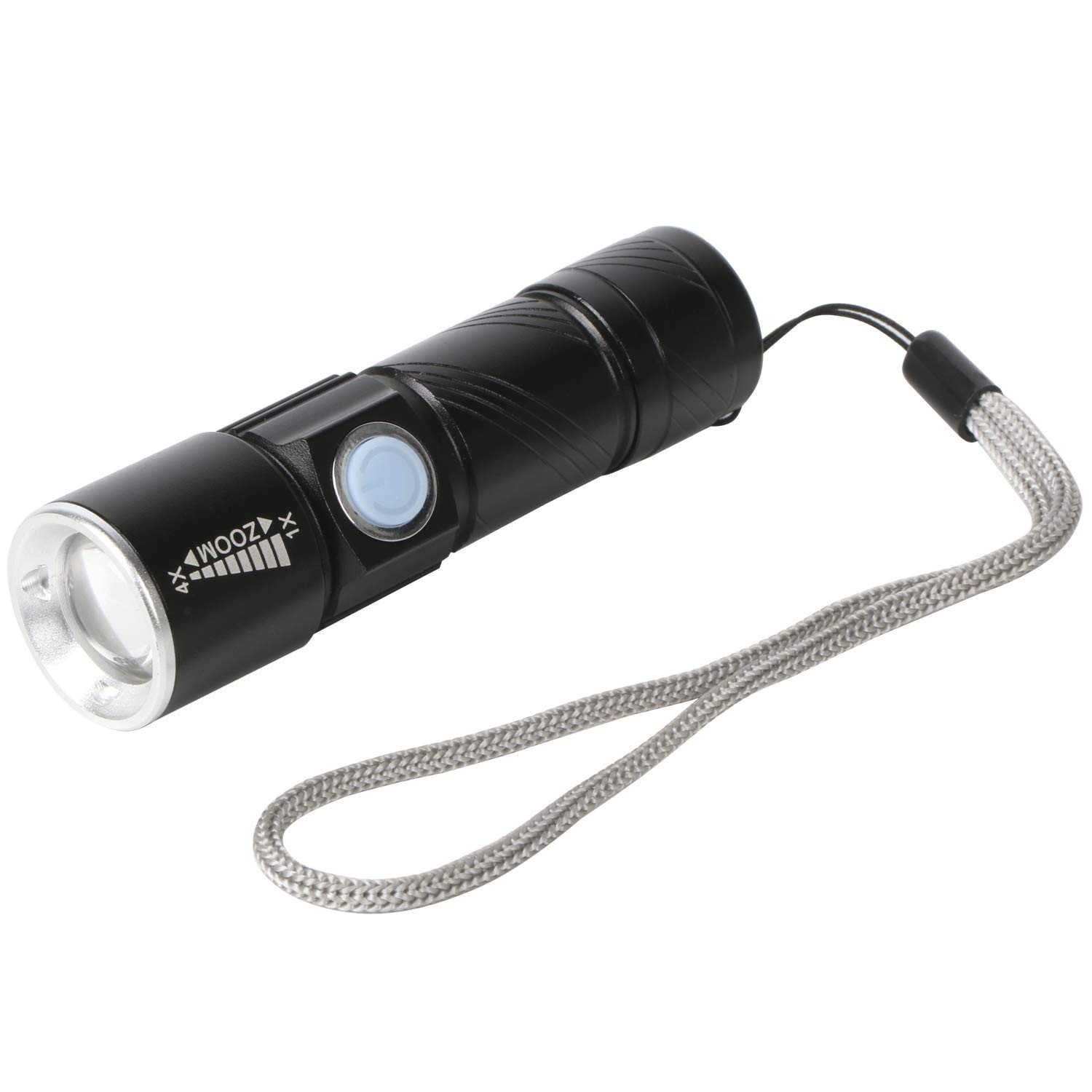 Torche ultra puissante LED rechargeable USB noire mat avec zoom réglable pour camping