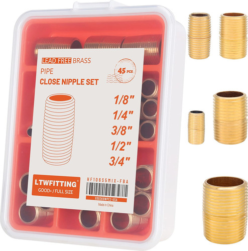 Brass Close Nipple Kit 1/8, 1/4, 3/8, 1/2, 3/4-Inch MPT (45Pcs)