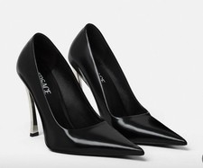 Versace Pin-Point 38.5/ 8.5 Pumps Black Leather Pointed Toe Stiletto NIB $1175