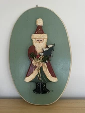 Vtg HandPainted Christmas Santa Oval Wood Wall Plaque Artist Signed 16.5x10.5”