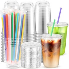 50 Pack 16 oz Clear Cups with Flat Lids and Straws, Disposable To Go Iced Cof...