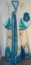 Korean Traditional Dress Hanbok White Blue Gold with Purse Medium Large
